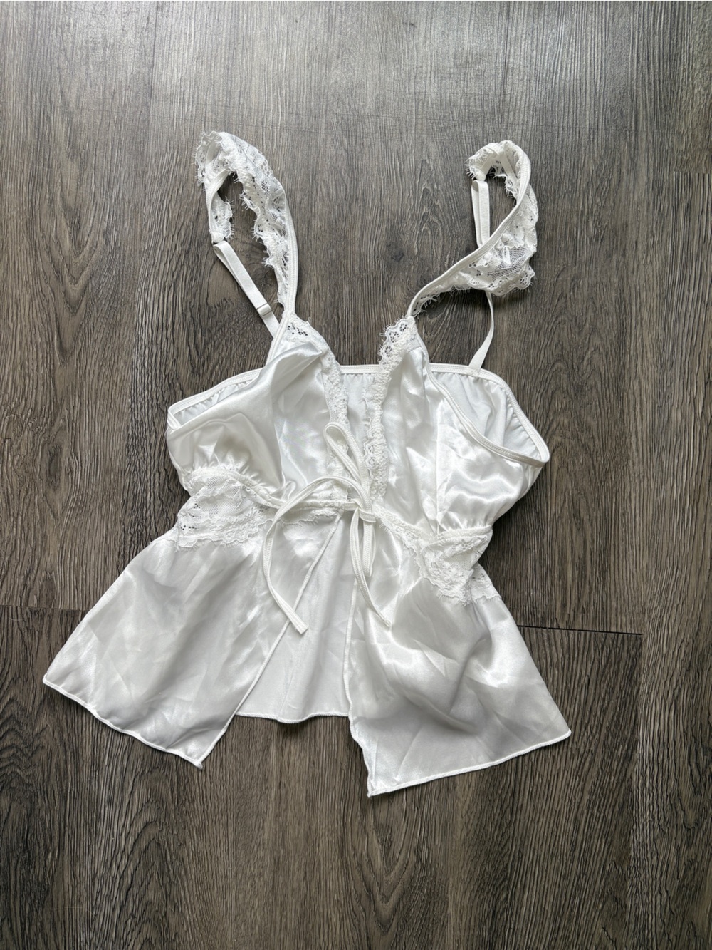 White Lace Trim Tie Front Lingerie Top | L